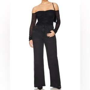 Good American Good Ease Jeans black raw hem wide leg mid rise relaxed everyday 8